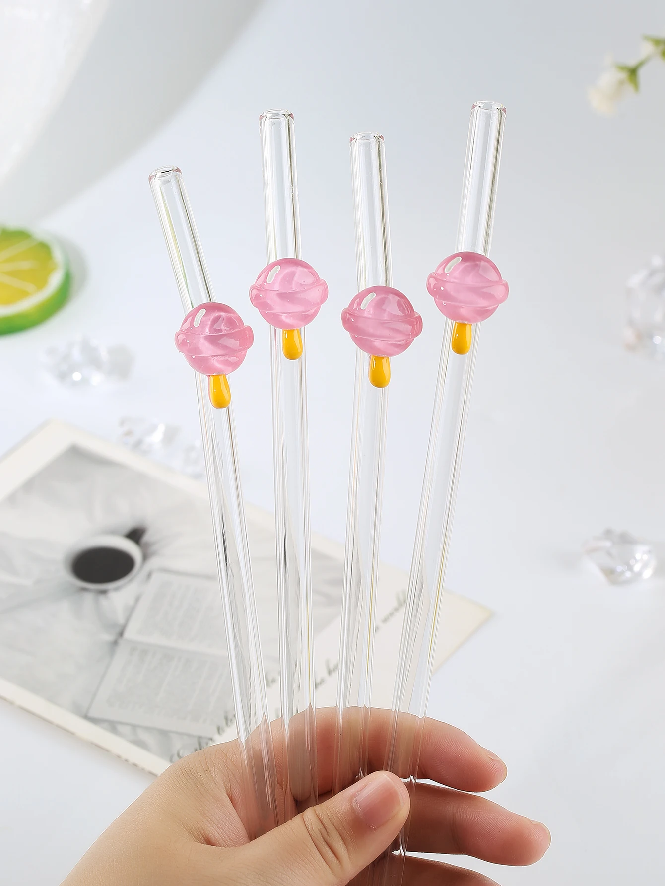 1/2/4PCS Cute Pink Lollipop Glass Straw, Perfect Decor for Celebrations, Dates and All Holiday Events