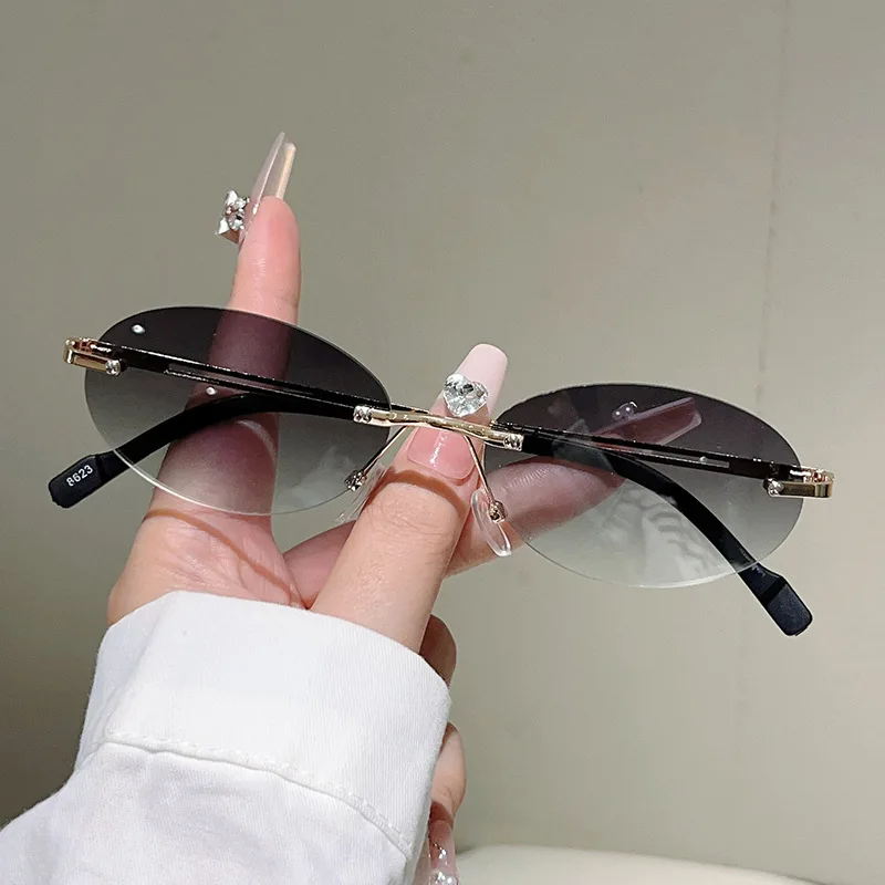 

Frameless Oval Sunglasses Metal Thin Temples with Ocean-Inspired Lenses Retro Brand Designer Sunglasses UV400 Shades Eyewear