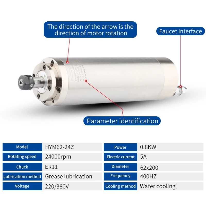 220v 0.8kw Water-cooled Spindle ER11 400Hz Water-cooled Spindle Motor 65x210mm 4 Bearing CNC Woodworking Engraving Drilling