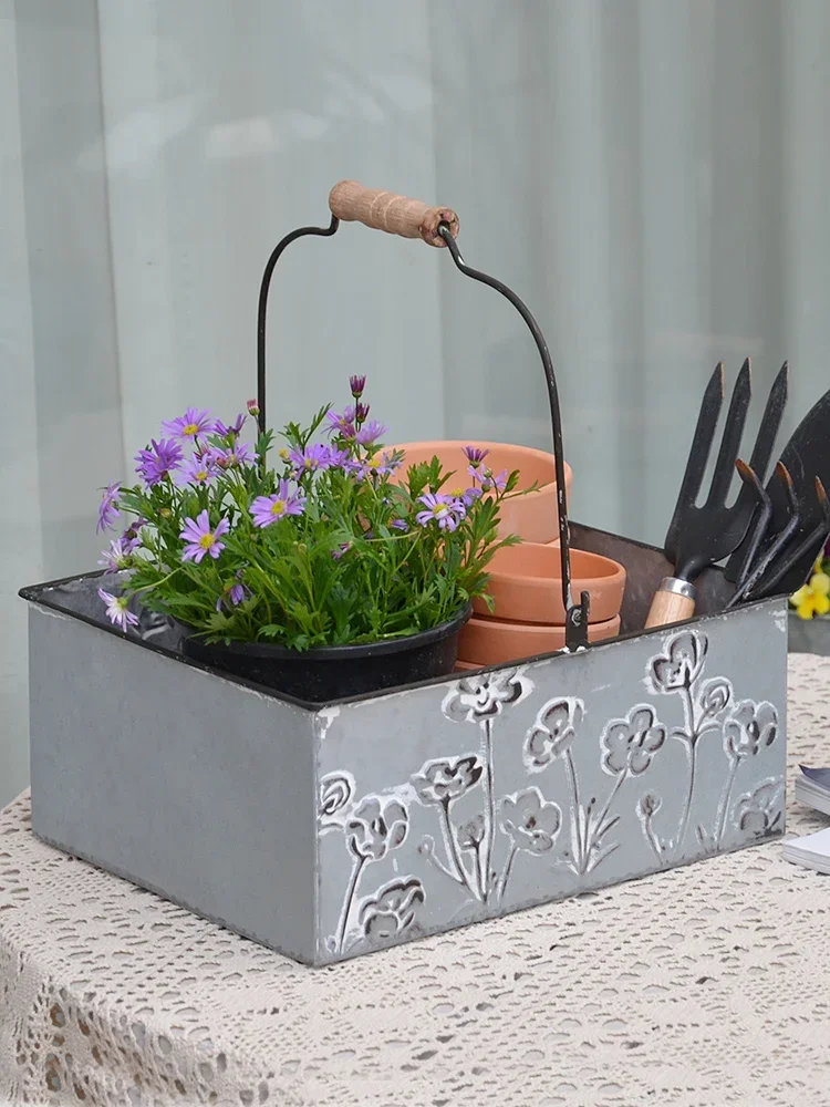 Rotundity Square Handle Flower Pot Metal Iron Bucket Classical Retro Plant Vase Courtyard Garden Balcony Decorative Ornaments