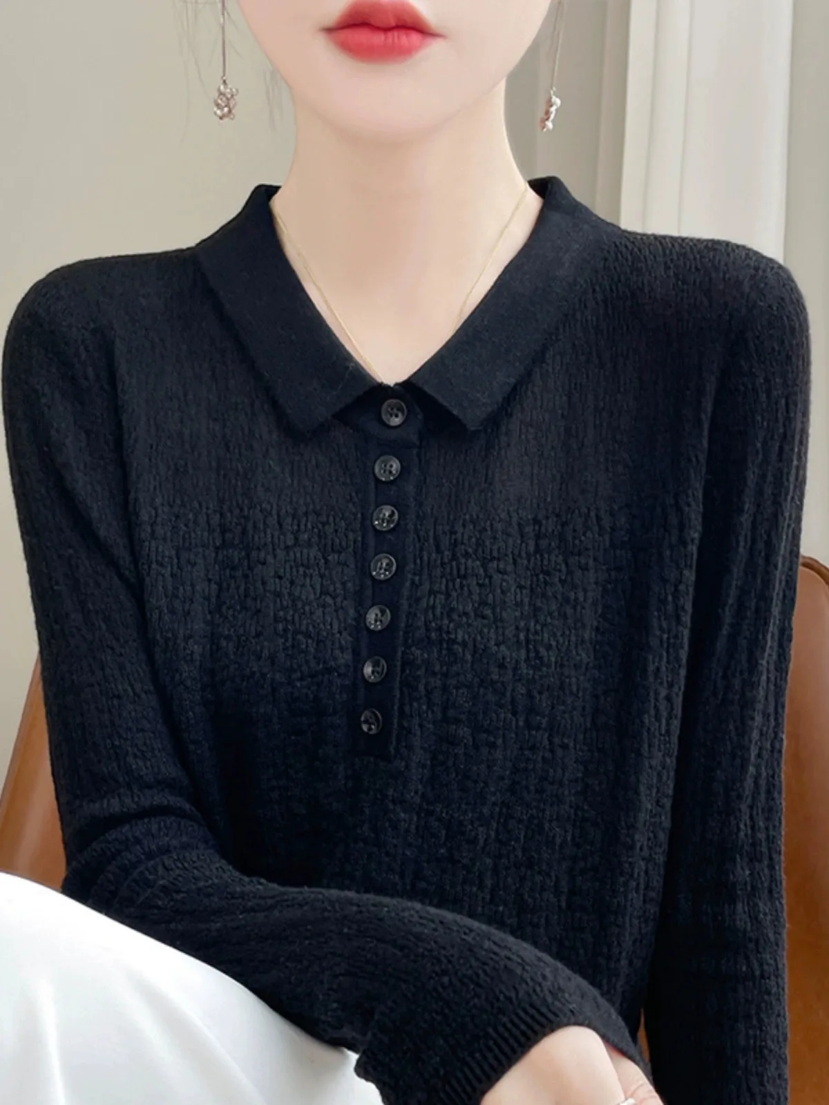   Długi sweter z kołnierzykiem, dzianinowa warstwa bazowa, uniwersalny, modny design, faktura, damski top, do pracy, prosty materiał...