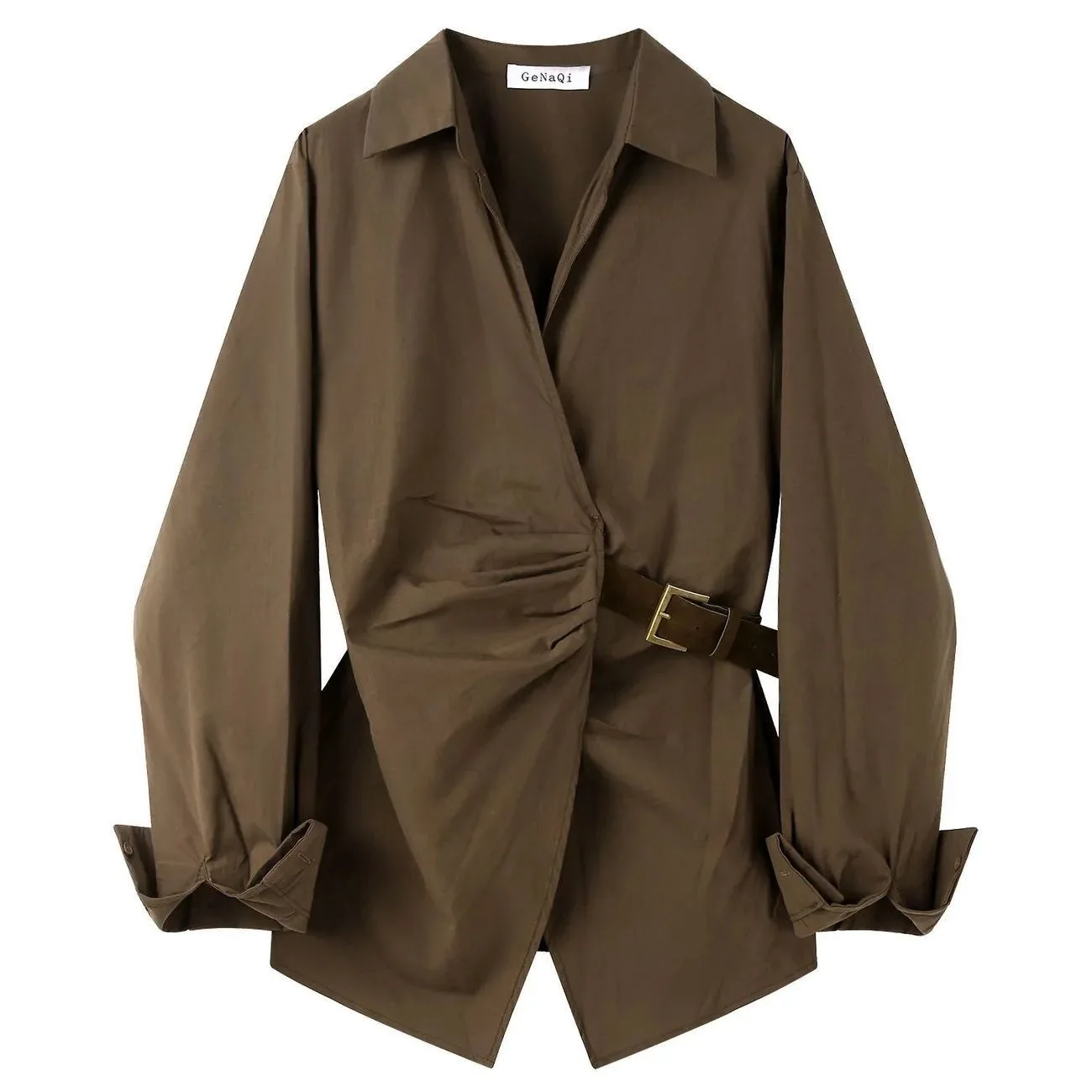 Unique Korean Style Women's Long Sleeve Shirt V-Neck Commute Fashion Outerwear Waist-Cinching Spring Autumn New Arrival