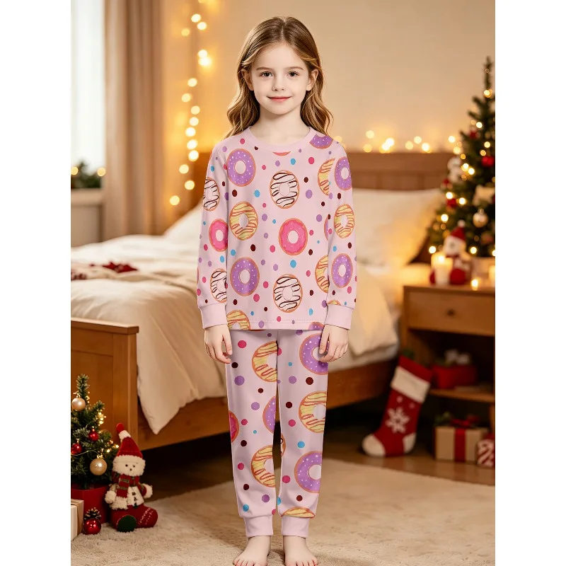 Girl Long Sleeve Crew Neck Pajama Set Assorted Christmas Tree Donut Dog Capybara Rainbow Sushi Prints Perfect Birthday Xmas Gift