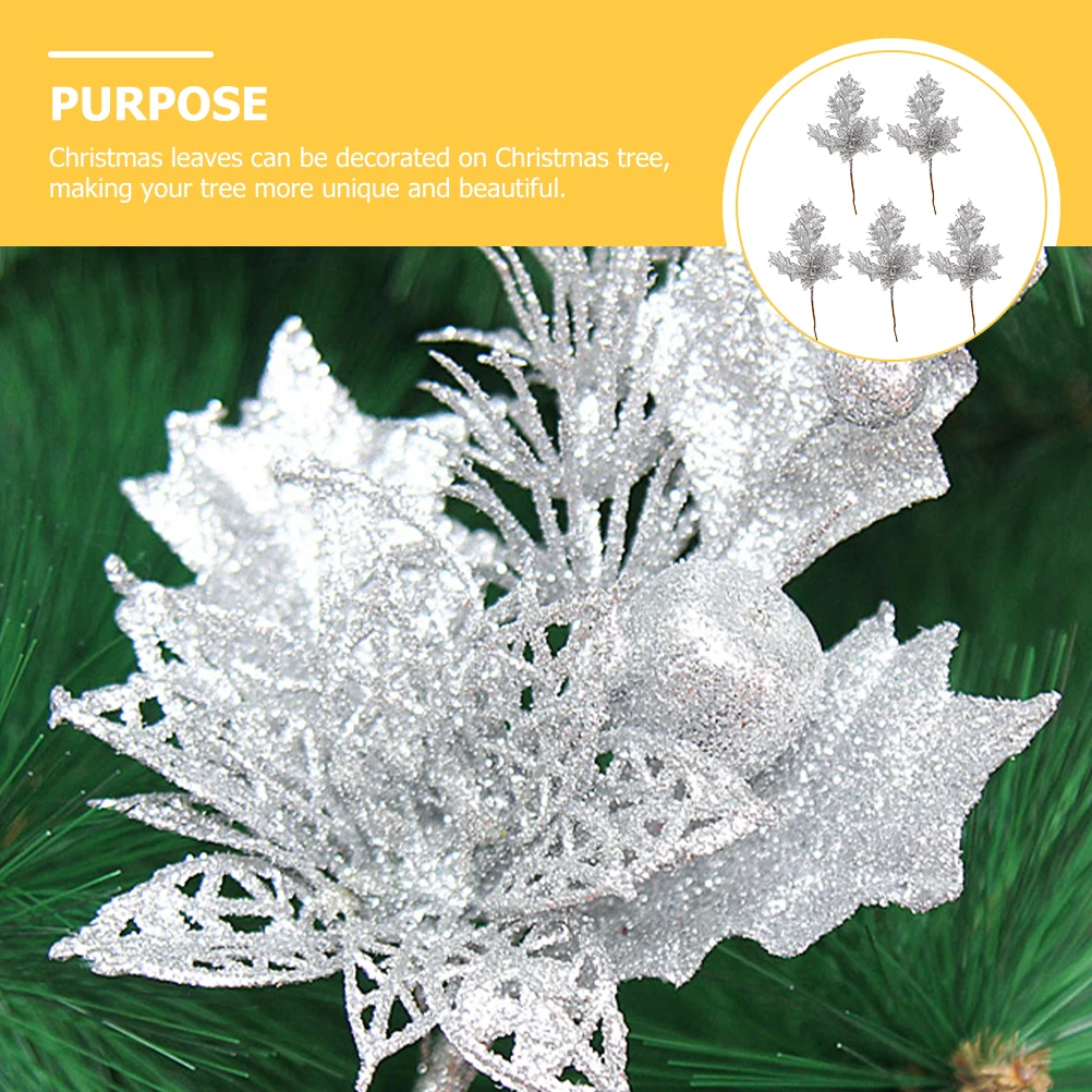 

5pcs Gold Glitter Artificial Leaves Stems Christmas Tree Wreath Decor Picks Simulated Floral Arrangement Xmas Decoration