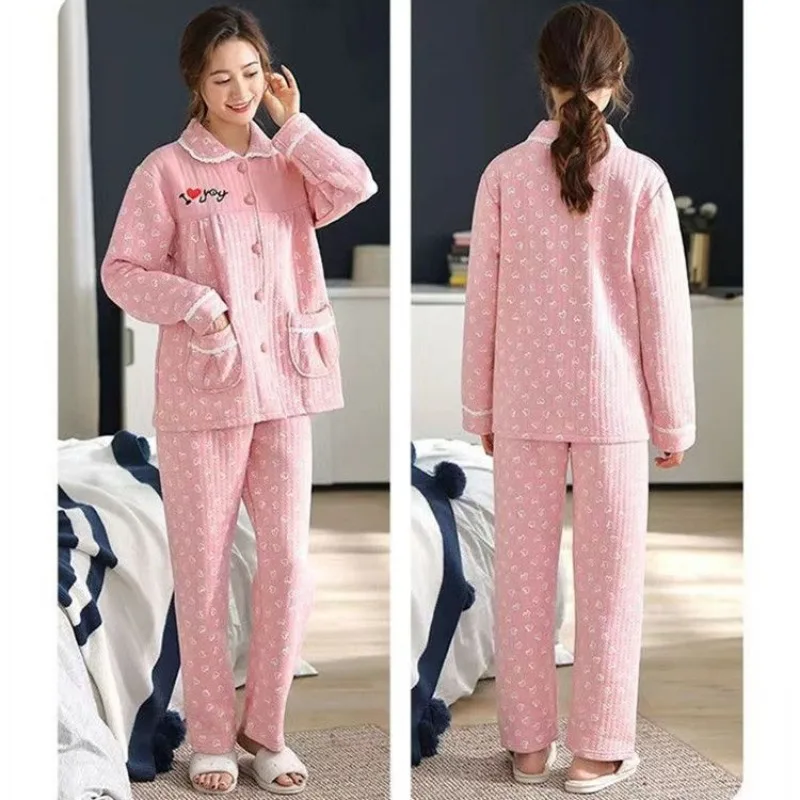 100% Pure Cotton Pajamas Set Women Thick Autumn Winter Sleepwear Long Sleeve Oversize Cardigan Home Clothes Suit Girl Loungewear