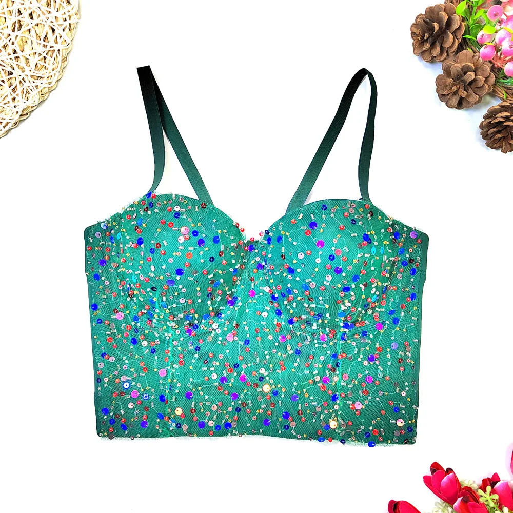 

Sequin Beaded Embroidery Underwire Bustier Bra, Boned Corset Top with Slimming Waist, Straps Camisole Bra for Women Outerwear