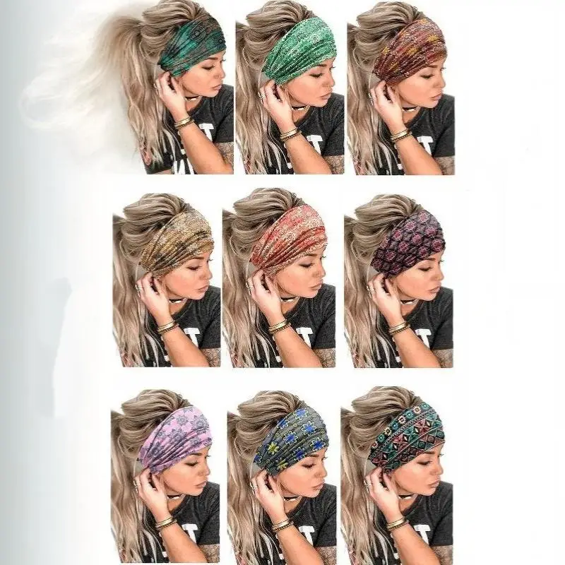 1 Stück elastische, rutschfeste Haarbänder, Boho-Stirnbänder mit Blumenmuster, breite, verdrehte, geknotete Haarbänder für Damen, Vintage-Yoga-Kopftücher, Turbane. – Detail 9