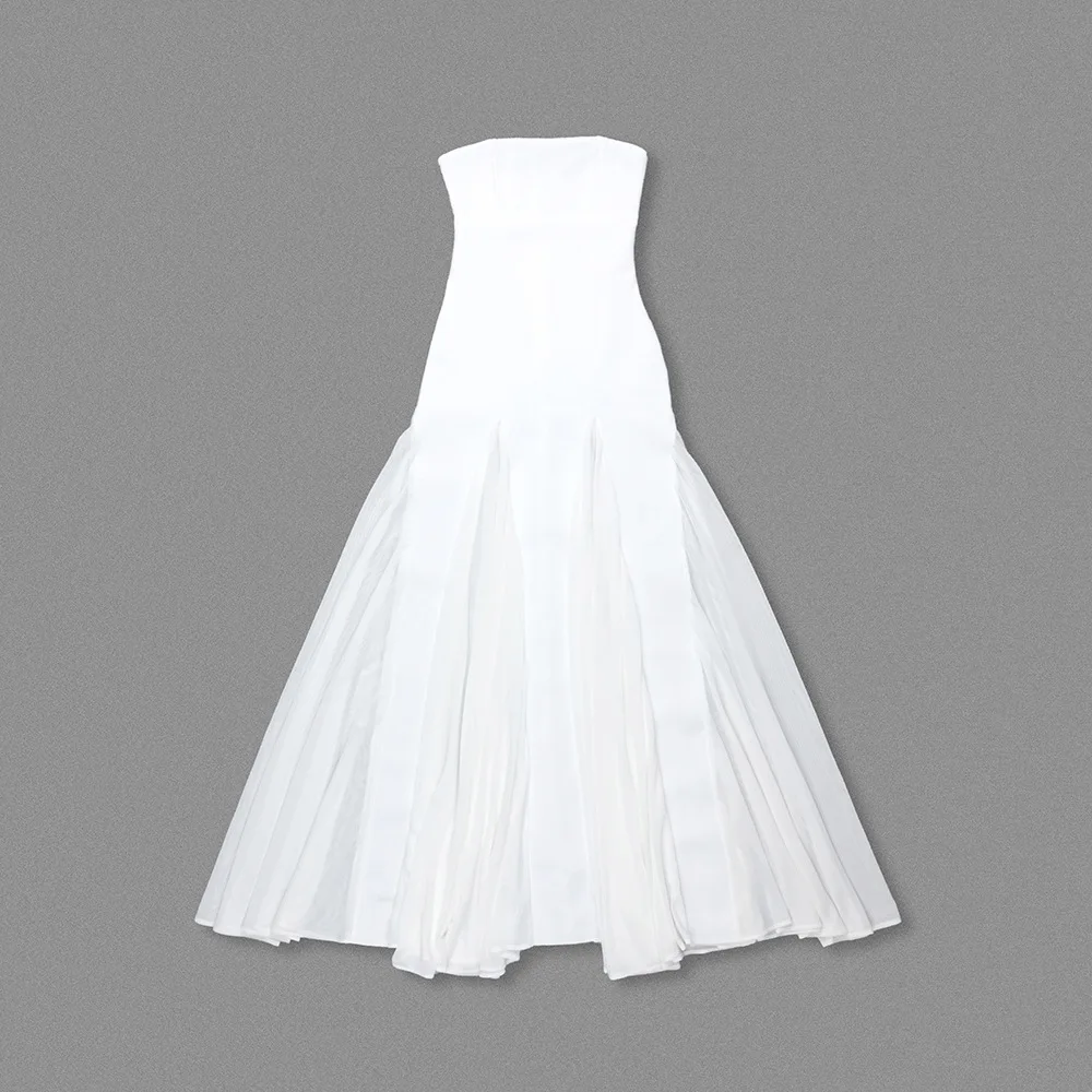 Vestido de noche de fiesta, vestido largo ajustado con diseño fruncido blanco para mujer, sin tirantes, línea A, plisado, trajes de cóctel de cumpleaños para celebridades