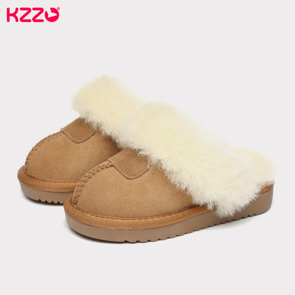 

KZZO Natural Kids Sheepskin Fur Slippers Fashion Winter Children Warm Indoor Slippers Soft Wool Home Shoes Boys Girls Non-slip