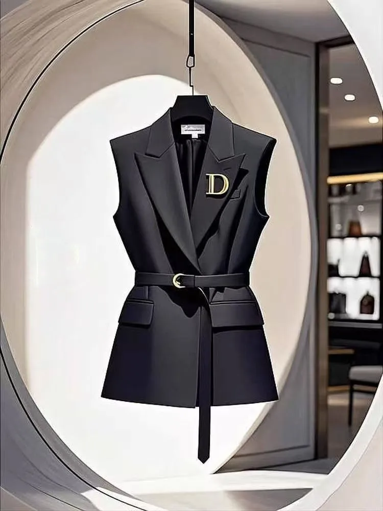 

2024, весна-лето, однотонные черные жилеты без рукавов, женские пиджаки, жилет, пальто, офисная женская официальная элегантная верхняя одежда, корейский топ