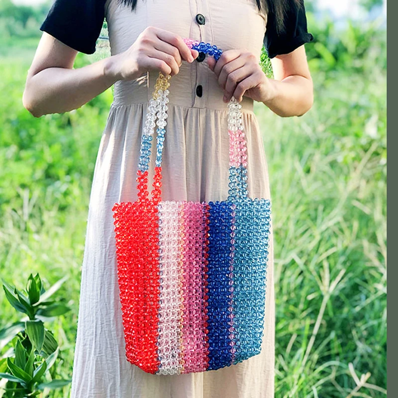 Sac à main en cristal pour femmes, fourre-tout, style symphonie rétro, avec perles, transparent, en acrylique, coloré, arc-en-ciel