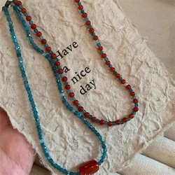 Retro Red Blue Contrast Colorful Natural Stone Cubes Beaded Necklace for Women Wholesale Beads Strand Chokers Aesthetic Jewelry