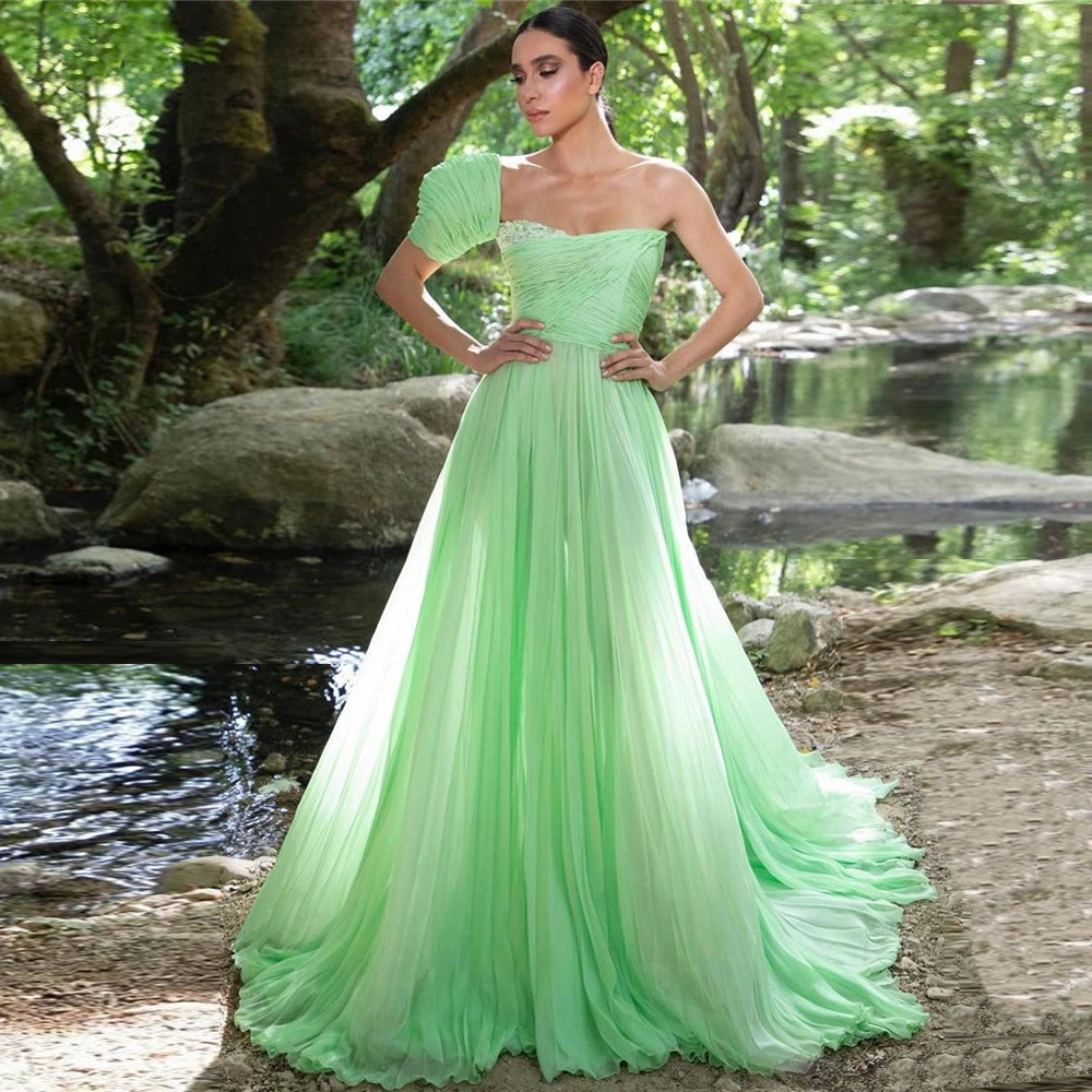 

BridalAffair One Shoulder Long Prom Dresses Sweetheart Pleats Floor Length Evening Gowns Mint Green Bright Formal Party Dress