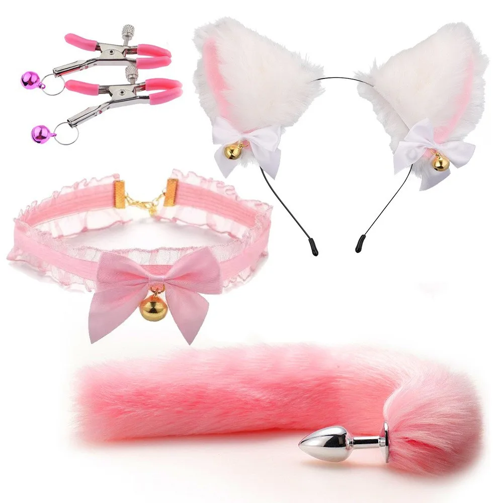 Cute Fox Tail Anal Plug Bow-Knot Soft Cat Ears Headbands Collar Erotic Cosplay Couples Accessories SM Sex Toys for Female Male