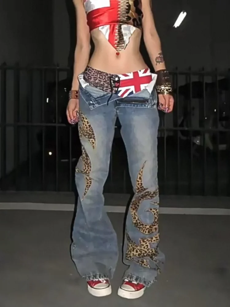2026 American Retro Y2K Fashion Leopard Patchwork Baggy Women's Jeans Pants Woman Clothing Straight  Washed Blue Denim Trousers