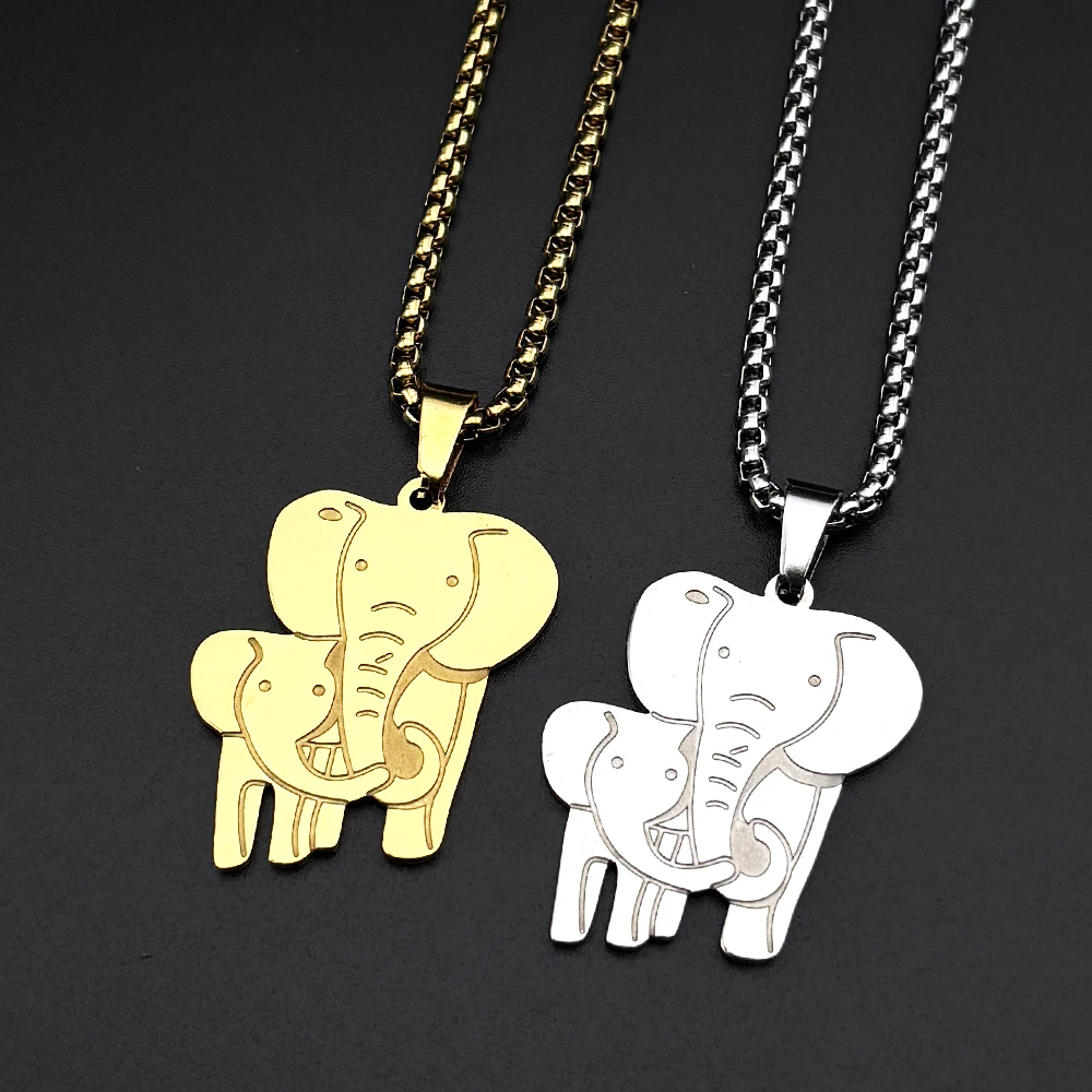 Elephant Mom Son Family Chain For Women Men Stainless Steel Gold Color Love Animal Father Kids Fashion Necklace Jewelry Gifts