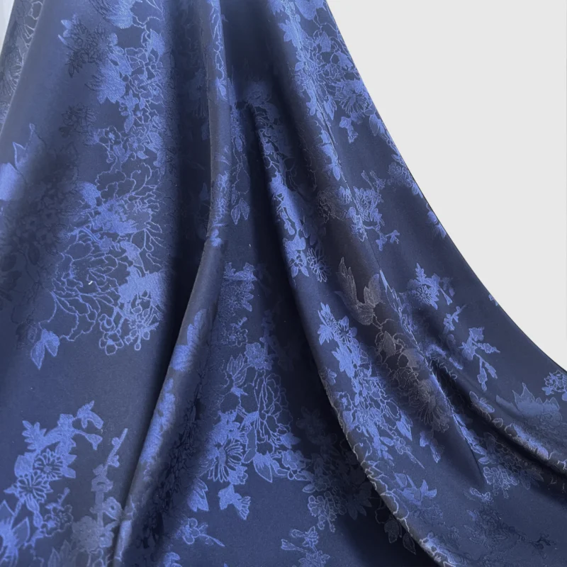 Polyester Faux Silky Floral Jacquard Satin Fabric, Drape Dress, Shirt Material, Navy Blue, Sold by Yard