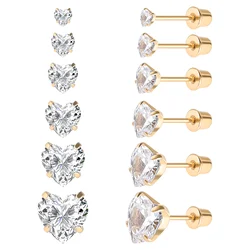 6 Pairs Stainless Steel Screw back Stud Earring, Gold Plated Heart Star Square Princess Cut Round Cubic Zirconia CZ Stud Set