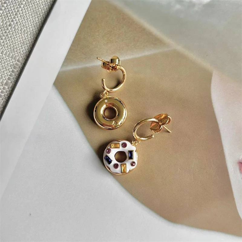 Niche Europe and the United States fashion sweet bright gold C-ring enamel glaze color diamond donut earrings