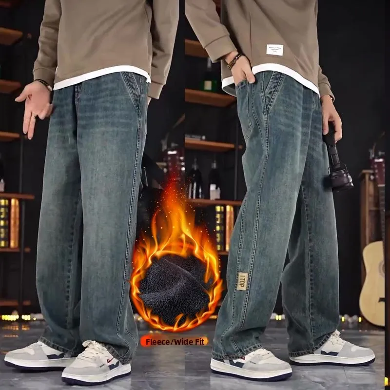 

Мужские джинсы в стиле ретро-американский стритстайл, свободные прямые брюки с вышивкой, универсальные широкие длинные брюки для мужчин