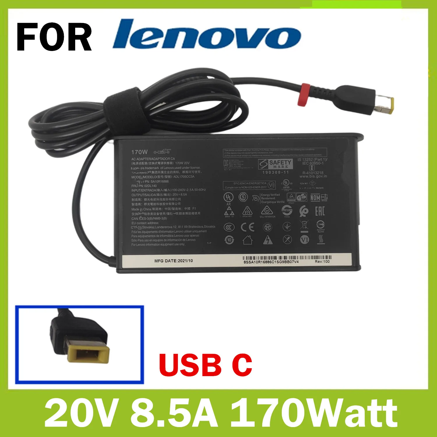 

Genuine 170W 20V 8.5A USB C Laptop AC Adapter Charger for Lenovo LEGION 5 Thinkpad P50 P51 P70 P71 W540 W541 Thin Power Supply