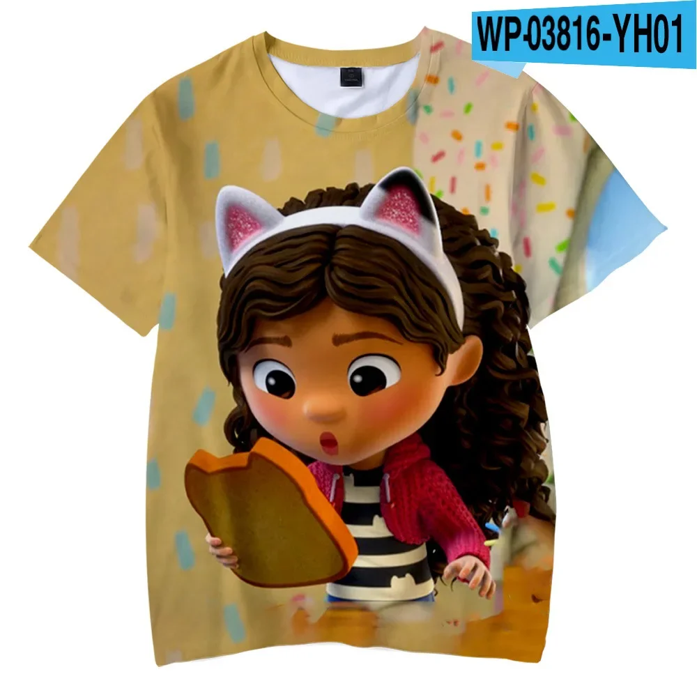 Anime Gabbys Dollhouse 3D Print Streetwear para Meninos e Meninas, Moda Casual Bonito, Camiseta extragrande, Crianças Tees, Tops Roupas