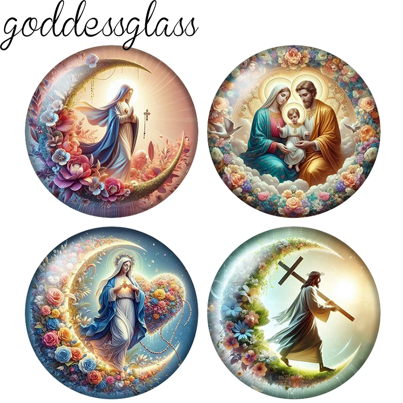

Moon Flowers Jesus Virgin Mary Cross 10pcs 12mm/18mm/20mm/25mm Round photo glass cabochon flat back Making findings Jewelry