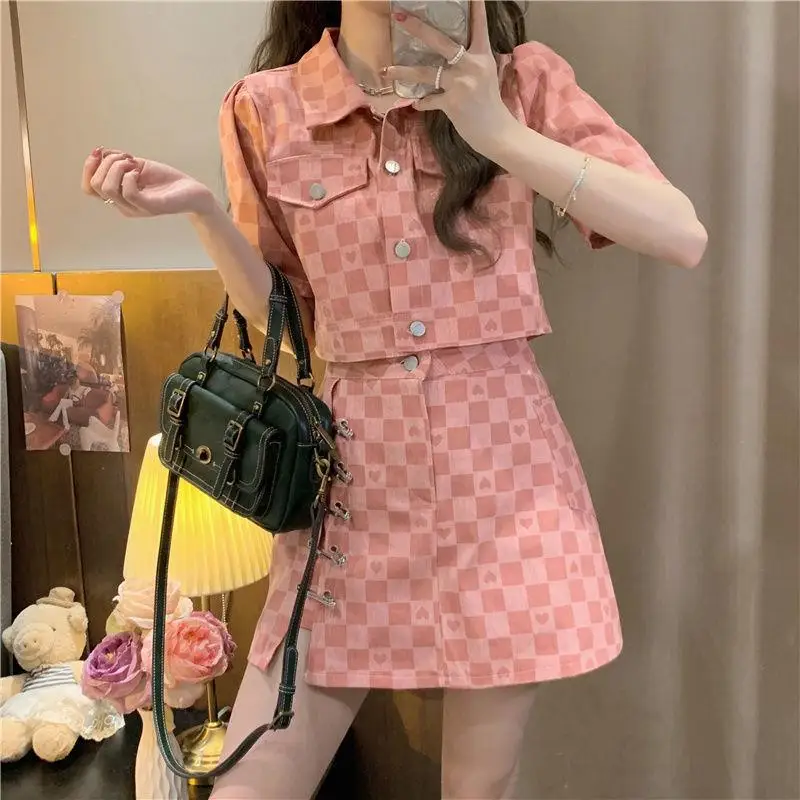 Summer Sexy Plaid Skirt Suit Women 2 Piece Set Korean Style Short Sleeve Cropped Jacket And Design Pin A-Line Mini Skirt Outfits