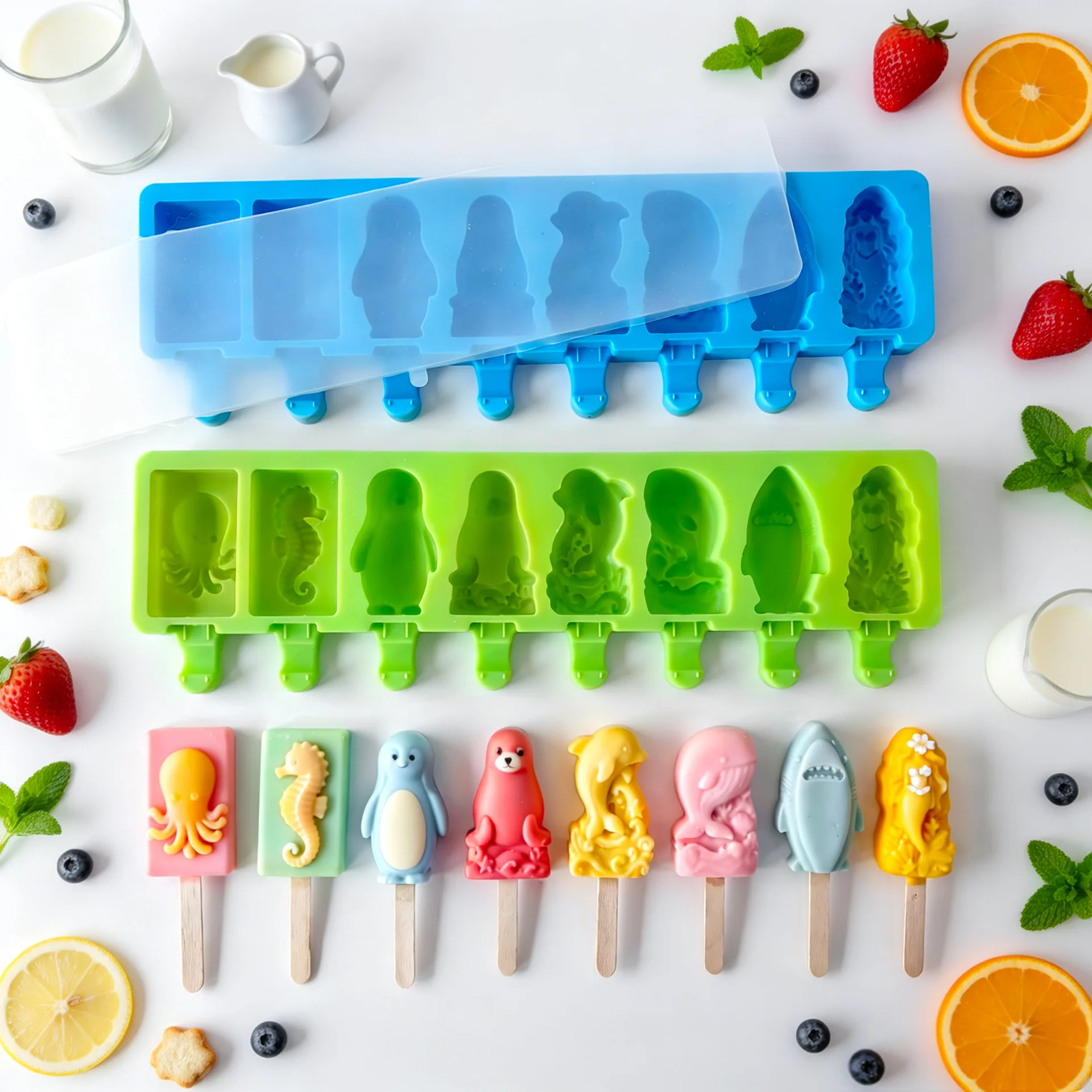 Ocean Animal Series Seahorse Dolphin Ice Cream Mold with Lid DIY 8 Grids Food-Grade Silicone Homemade Ice Pop Popsicle Molds