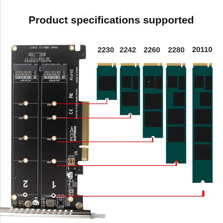 Dual-Disk NVMe M.2 MKEY SSD RAID Adapter PCI-EX8 for Gaming Mining BTC Chia - Motherboard PCI-E Split Card Expansion