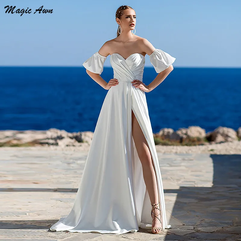 

Magic Awn Simple Beach Wedding Dresses Side Slit Detachable Short Sleeves Soft Satin Boho Bridal Gowns Lace-Up Bacl Robes Mariee