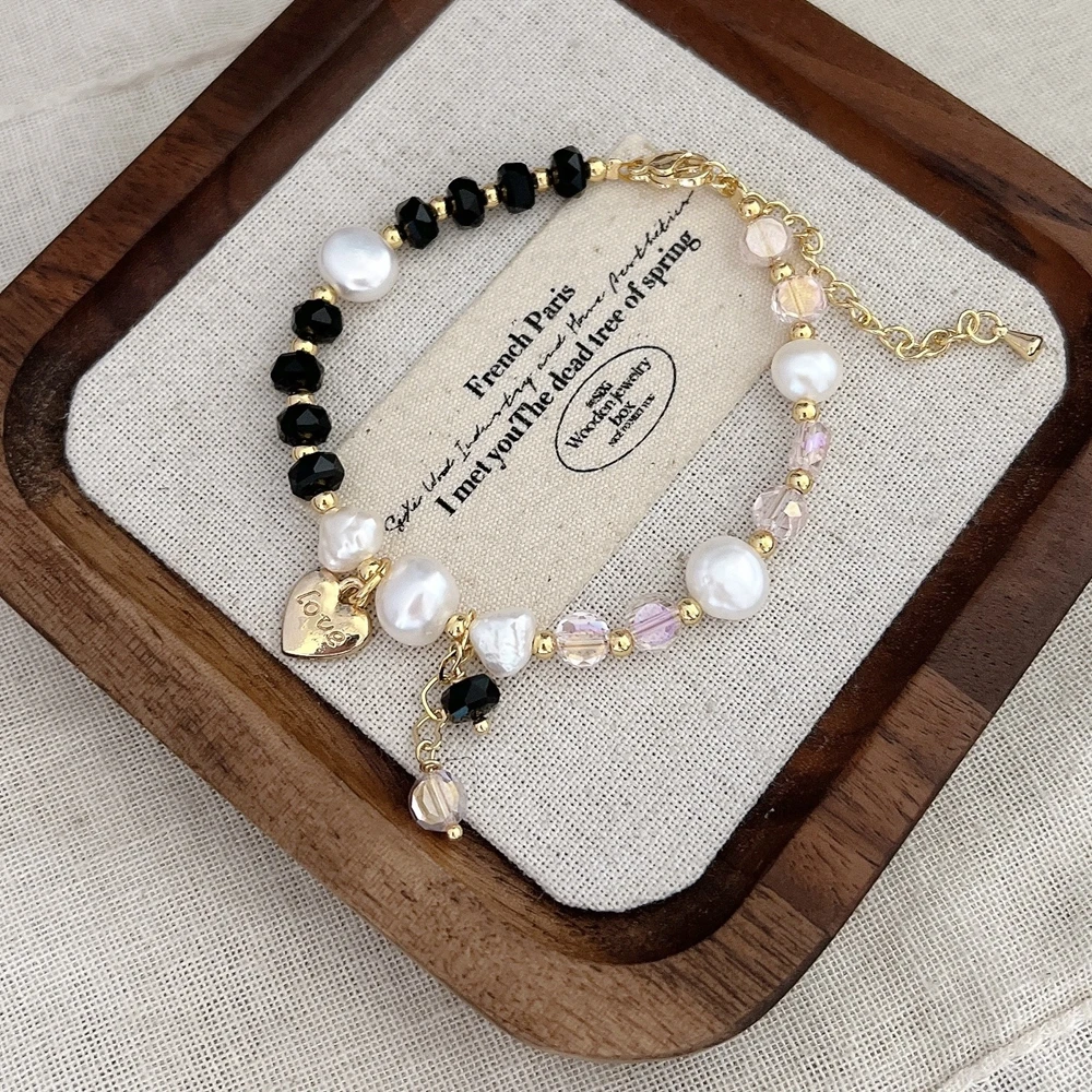 

Vintage Gold Color Heart Pendant Black & Pink Crystal Freshwater Pearls Beaded Women's Bracelets Trendy Hand Accessories 1615