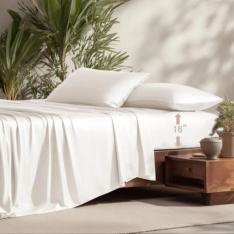 

100 вискозных листов из бамбука, набор из белого размера Queen, 4 предмета, роскошный отель SilkySmooth Feel, охлаждающий, дышащий, для