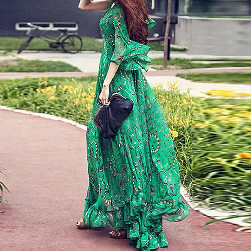 Vintage Print Pleated Bohemian Dress Sexy V-neck High Waist Robe Dress 2023 New Women Casual Half Sleeve Ruffle Dress Vestidos