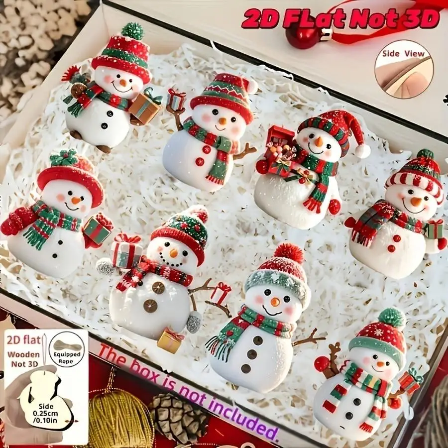 1/5/10/20/50/100pcs 2D Design, Set of 8 Cute Wooden Snowman Ornaments with a Christmas Feel, New Year’s Decorations, and Christm