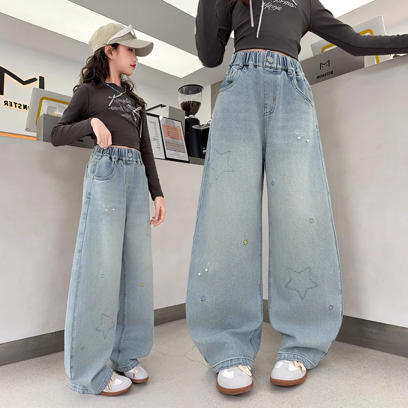 

New Kids Spring Fall Loose Straight Jeans with Stars for Girls Trendy Denim Pants Children Fashion Seasonal Trousers New Arrival