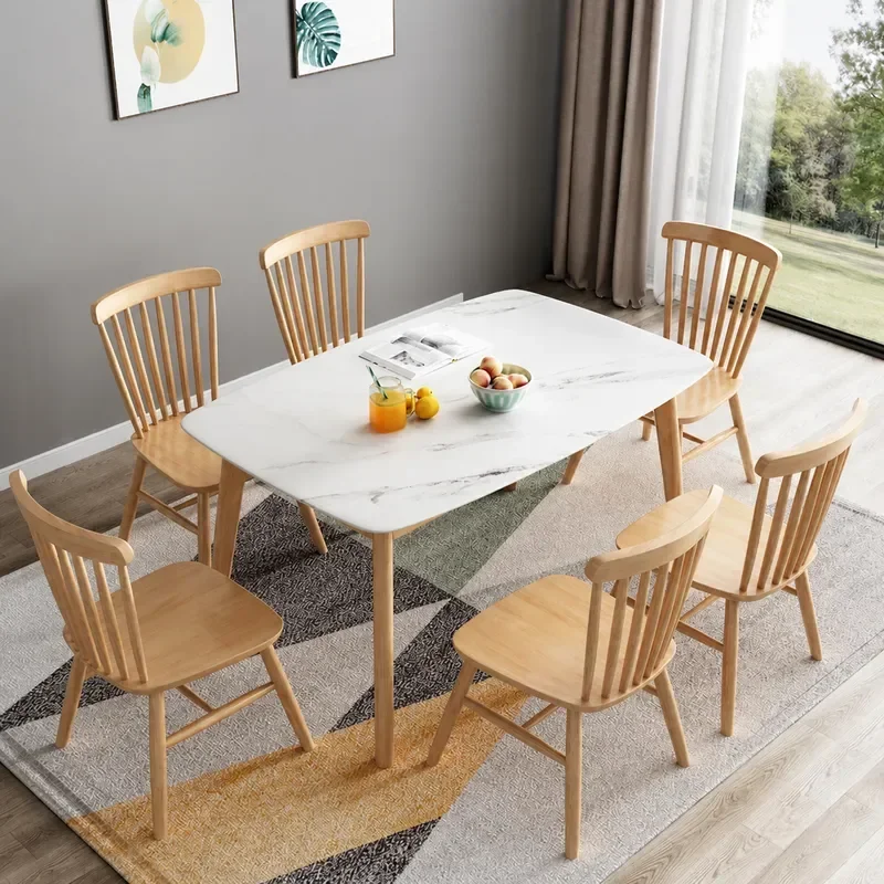 Nordic Solid Wood Rock Slab Dining Table and Chairs Set 4-6 Person Small Apartment Living Room Household Log Furniture