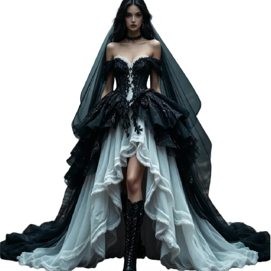 High Low Black White Lace Gothic Bridal Gown with Tiered Tulle Skirt Dark Romance Vibes Witchy Halloween Wedding Party Dress