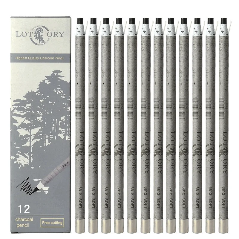 12PCS Professional Sketch Charcoal Pencils, Wooden, Soft/Medium, Easy to Sharpen, Thick Graphite, Dark Lead