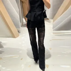Sexy Semi Transparent Lace Pants for Women Elastic Waistband Mid Waist Trouser 2025 New Trendy Y2K Bead Embroidery Long Pants