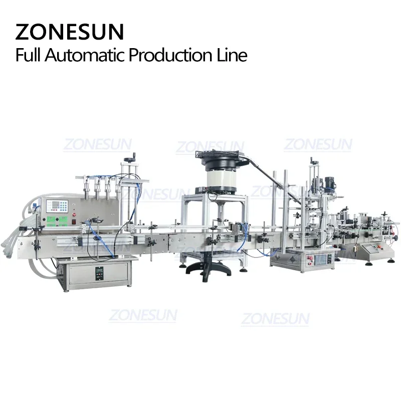 Zonesun desktop totalmente automático 4 bocal tinta gel líquido redondo pet garrafa enchimento tampando máquina de rotulagem linha com tampa alimentador