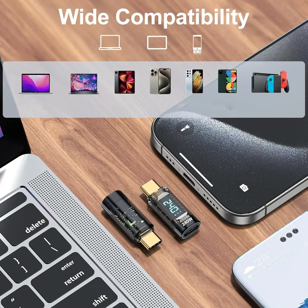 T19C 2Pc 240W USB C Adapter Power Meter Tester LED Digital Display Type C Male to Female Extension Connector for Phone Tablet