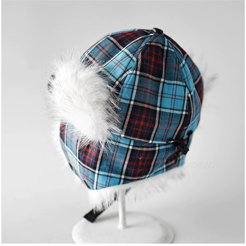 Gorro de Lei Feng a cuadros azul de estilo coreano para mujer, gorro de esquí y volador para otoño e invierno, gorra de béisbol versátil y cálida para ciclismo