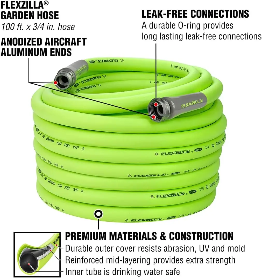 Flexzilla Garden Hose 3/4 in. x 100 ft., Heavy Duty, Lightweight, Drinking Water Safe, ZillaGreen - HFZG6100YW-E