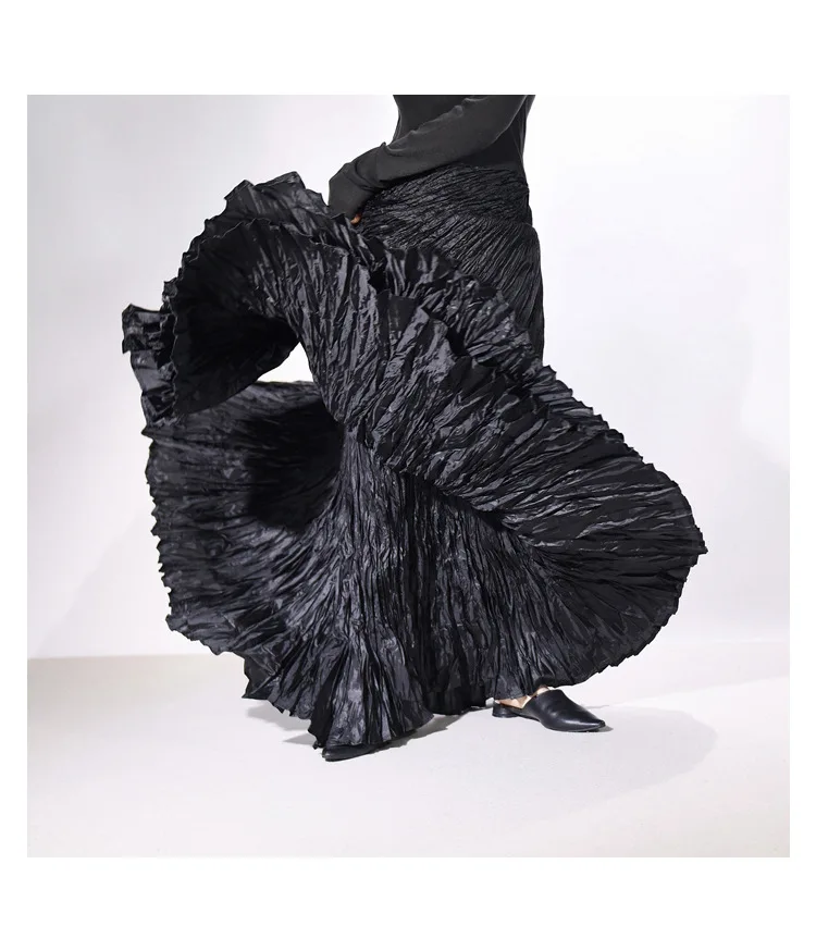 High Quality Women Spring Long Skirts Wide Hem Pleated Design High Waist A-Line Dance Maxi Skirts Faldas Femme Streetwear