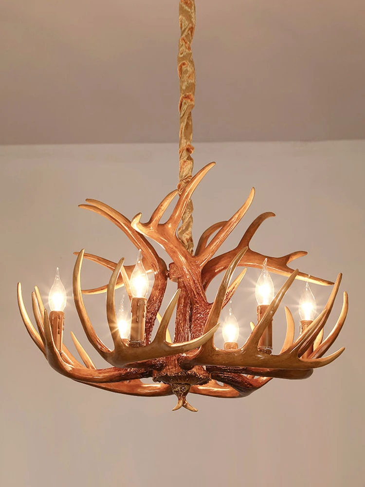 Retro Harz Geweih Anhänger Kronleuchter für Wohnzimmer 4 6 9 Arme Hängen Lampe Braun Weiß E14 Deer