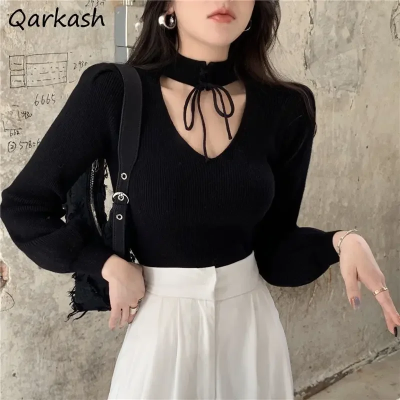 Lantern Sleeve T-shirt Women Halter Tops Autumn Design Elegant Slim Knitted Cozy Fashion Feminino Vintage Leisure New Minority