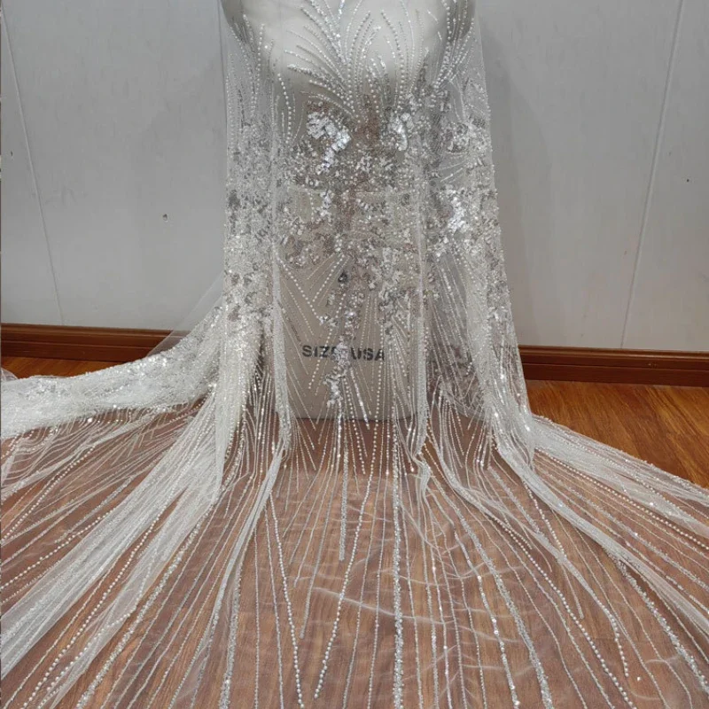 

White Sequined Beaded Soft Lace Wedding Dress Women's Mesh Dress DIY Lace Fabric