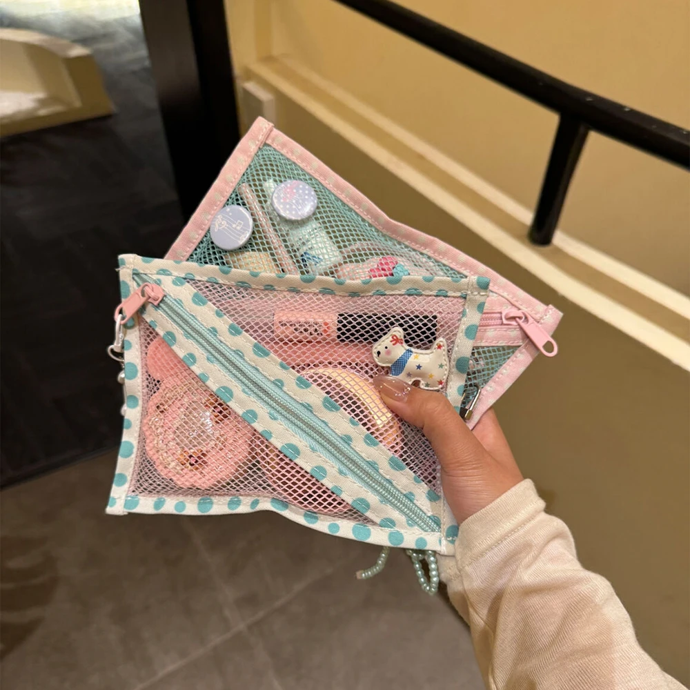 Ins Style Mint Green Wave Dot Grid Storage Bag Women's Korean Style Versatile Portable Large Capacity Makeup Bag