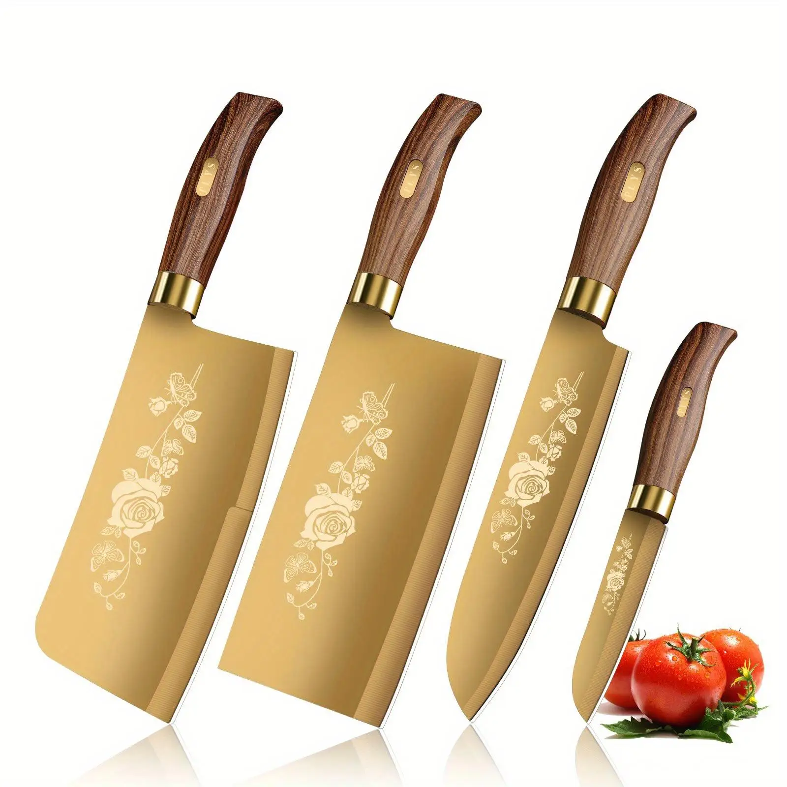 

Gold Knife Set - 4 - piece kitchen knife Set, The gold knife set features stainless steel blades and titanium-plated chef knives